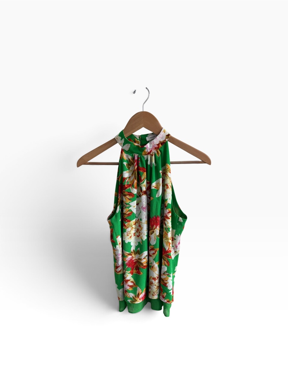 Rose + Olive Green Floral Halter High Neck Blouse Top XS